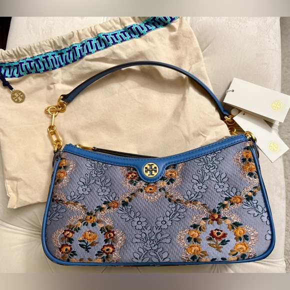 Tory Burch Monogram Brocade Shoulder Bag "Sea Frost” Blue - Picture 3 of 11